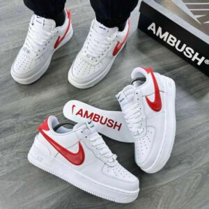 AMBUSH x Nike Air Force 1 White Red Sneakers, limited edition collaboration, stylish footwear for sneaker enthusiasts.