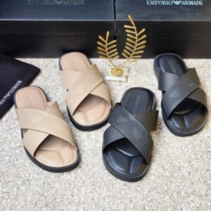 Luxury Emporio Armani slide sandals in beige and black, showcasing high-class design and comfort for the elite in Nigeria.