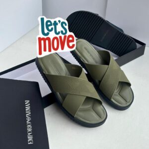 Luxury Emporio Armani slide sandals in beige and black, showcasing high-class design and comfort for the elite in Nigeria.